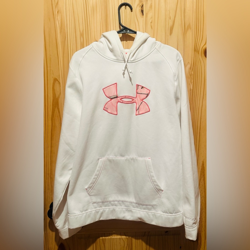 Under Armour White Hoodie with Pink Camoflage Emblem Womens 2X